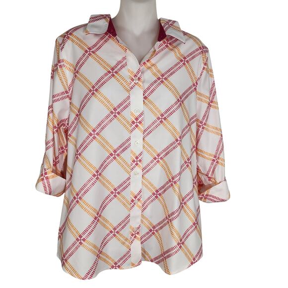 Chico's Woman's No-Iron Stretch Shirt Size 12 Button 3/4 Sleeve Raspberry Plaid - Picture 1 of 13